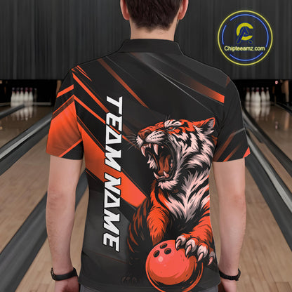 Custom Black And Orange Tiger Bowling Team Men Shirt, Bowling League Shirt Bowler Uniform IPHW10776