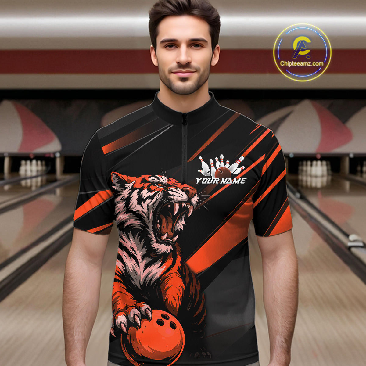 Custom Black And Orange Tiger Bowling Team Men Shirt, Bowling League Shirt Bowler Uniform IPHW10776