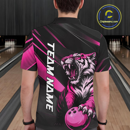 Custom Black And Pink Tiger Bowling Team Men Shirt, Bowling League Shirt Bowler Uniform IPHW10777