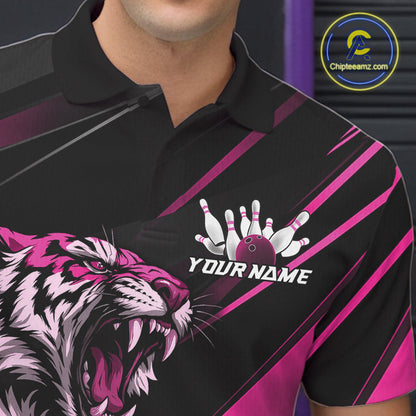 Custom Black And Pink Tiger Bowling Team Men Shirt, Bowling League Shirt Bowler Uniform IPHW10777