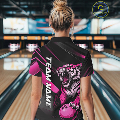 Custom Black And Pink Tiger Bowling Team Women Shirt, Bowling League Shirt Bowler Uniform IPHW10777