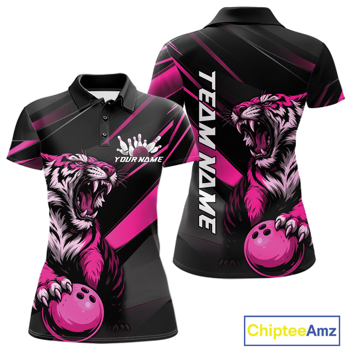 Custom Black And Pink Tiger Bowling Team Women Shirt, Bowling League Shirt Bowler Uniform IPHW10777