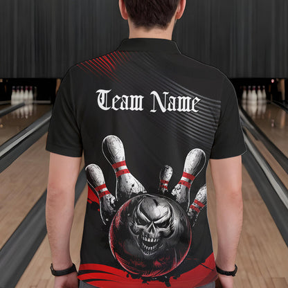 Custom Black And Red Grunge Style Skull Bowling Polo Shirts For Men, Bowling Team Uniform IPHW8907