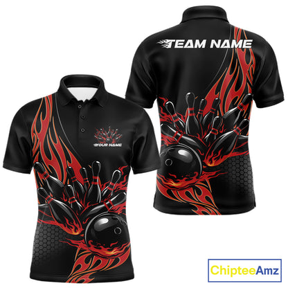Front and back view of a mens black polo shirt mockup featuring a red flaming black bowling ball striking pins with dynamic bowling action graphics.