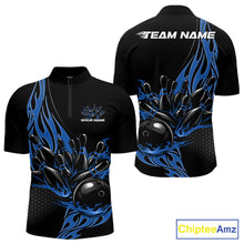 Load image into Gallery viewer, Custom Blue Flame Bowling Men Quarter-Zip Shirt, Team Jerseys Bowling League Shirt IPHW11282