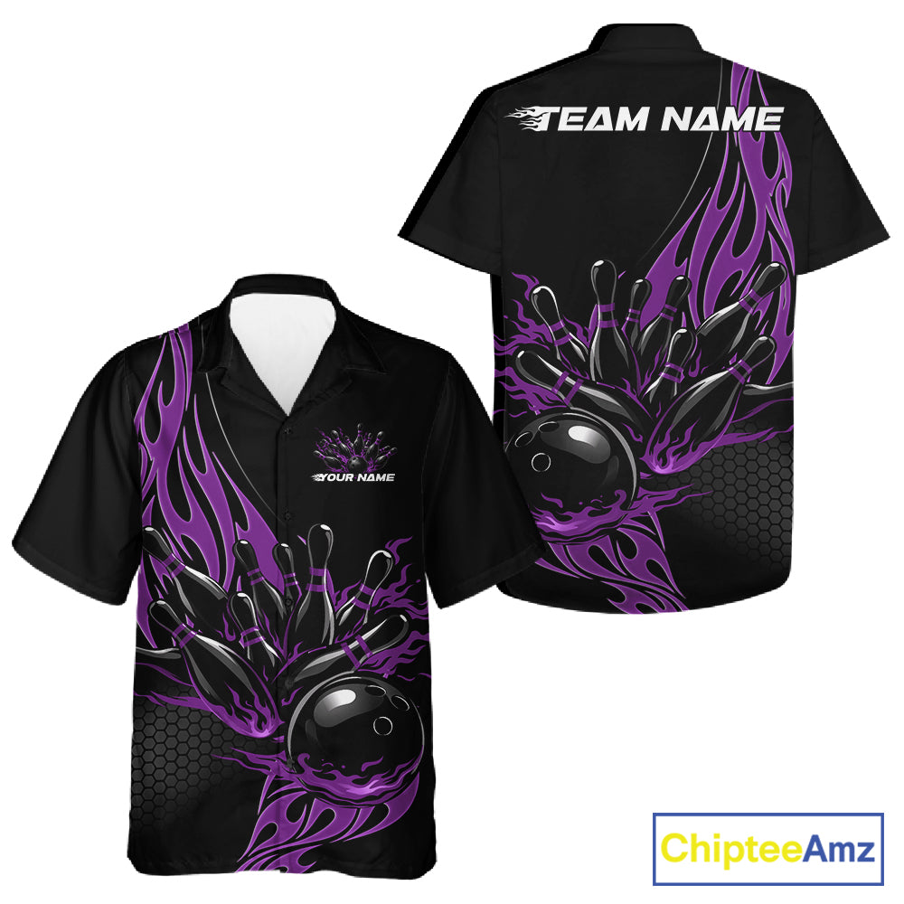 Front and back view of a black button-up bowling shirt mockup showcasing purple flaming black bowling ball striking pins with energetic bowling action design.