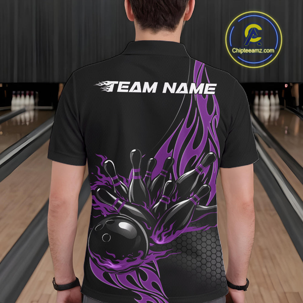 Male model seen from the back in a bowling lane wearing a black polo shirt featuring a purple flaming black bowling ball striking pins in a dynamic motion design.
