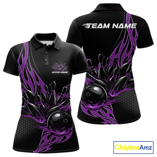 Front and back view mockup of a women’s black polo shirt featuring a purple flaming black bowling ball striking pins in a striking sports apparel design.