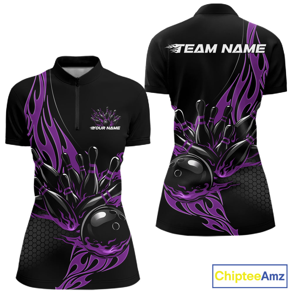 Womens quarter zip bowling shirt mockup, black shirt showcasing purple flaming black bowling ball striking pins vibrant artwork