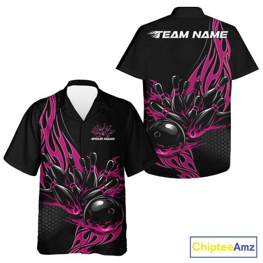 Front and back view of a black button-up bowling shirt mockup featuring pink flaming black bowling ball striking pins dynamic sports graphics.