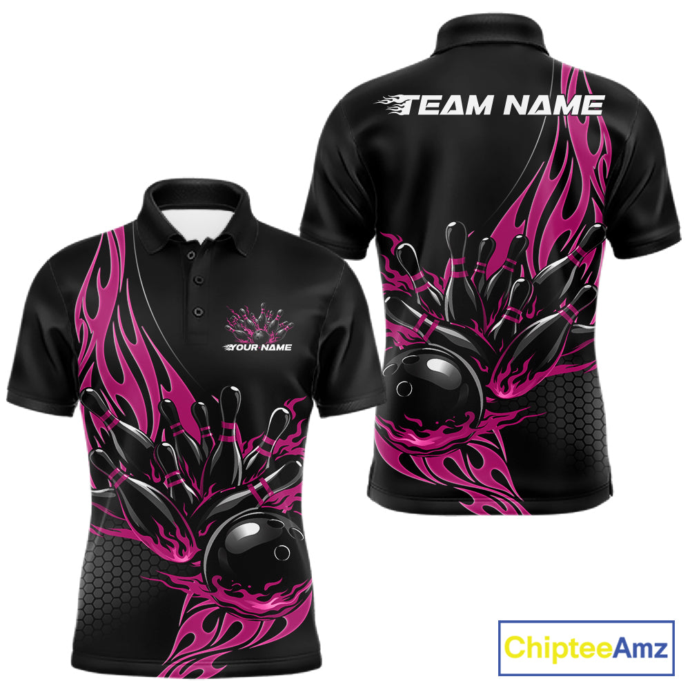 Front and back view mockup of a men’s black polo shirt featuring a pink flaming black bowling ball striking pins in a bold sports apparel design.