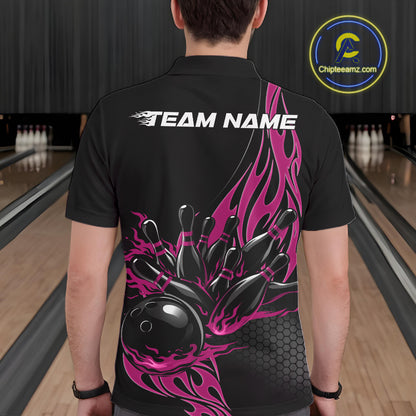 Male model seen from the back in a bowling lane wearing a black polo shirt featuring a pink flaming black bowling ball striking pins in a vivid sports illustration.