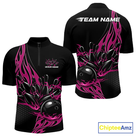 Front and back mockup of black quarter zip shirt featuring pink flaming black bowling ball striking pins in bold, high-energy sports apparel presentation.