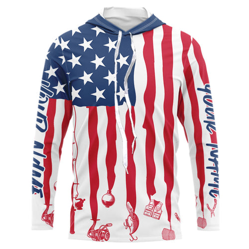 Personalized Patriotic US Flag Long Sleeve Hooded Fishing Shirts, American Flag Fishing Tools IPHW9124