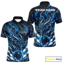 Load image into Gallery viewer, Custom bowling shirt featuring blue dragon, fiery abstract graphics, bowling pins, a bowling ball, front name personalization, and back team name.