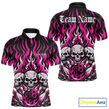 Load image into Gallery viewer, Personalized black-and-Pink bowling polo with dramatic flame patterns, three skulls, bowling pins, a front chest name, and ornate team name lettering on the back.
