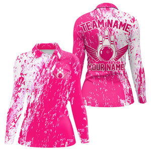 Custom Pink Bowling Long Sleeve Women Polo Shirt, Bowling Jerseys Bowling Pins With Wings IPHW4999