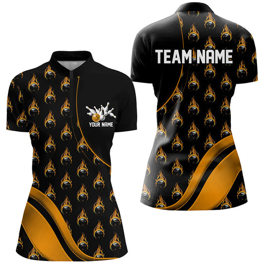 Custom Gold Flame Bowling Shirts For Women, Personalized Team Bowling Shirts IPHW6960