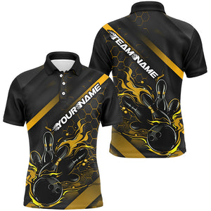 Custom Black And Gold Flame Bowling Shirts For Men, Bowling Team Bowling League Shirts IPHW7505