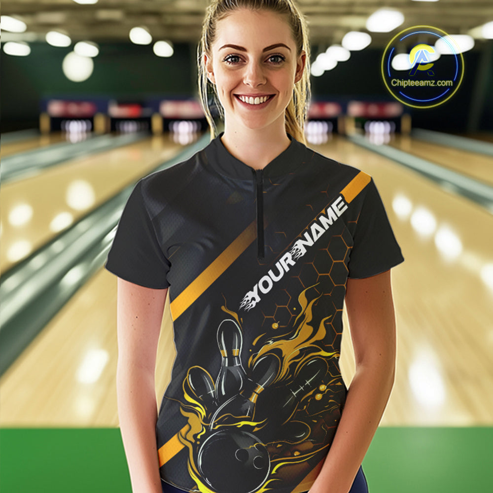 Custom Black And Gold Flame Bowling Shirts For Women, Bowling Team Bowling League Shirts IPHW7505