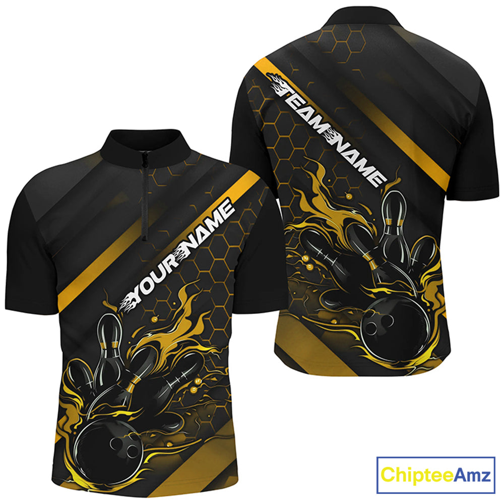 Custom Black And Gold Flame Bowling Shirts For Men, Bowling Team Bowling League Shirts IPHW7505