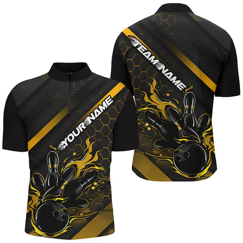 Custom Black And Gold Flame Bowling Shirts For Men, Bowling Team Bowling League Shirts IPHW7505