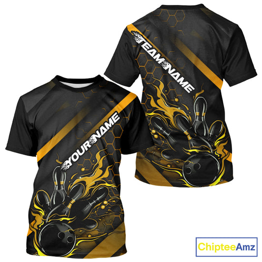 Custom Black And Gold Flame Bowling T-Shirts For Men, Bowling Team Bowling League Shirts IPHW7505