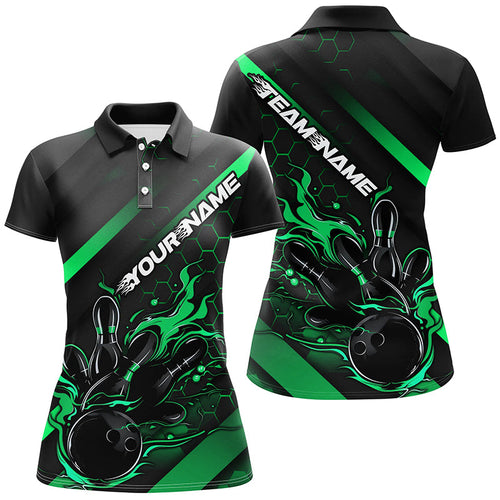 Custom Black And Green Flame Bowling Shirts For Women, Bowling Team Bowling League Shirts IPHW7506