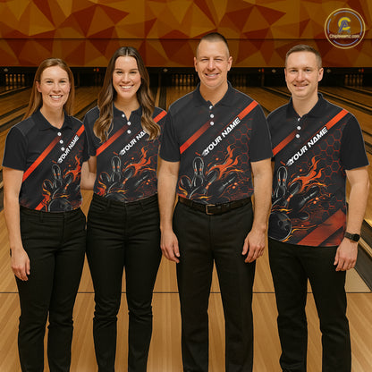 Custom Black And Orange Flame Bowling Shirts For Women, Bowling Team Bowling League Shirts IPHW7508