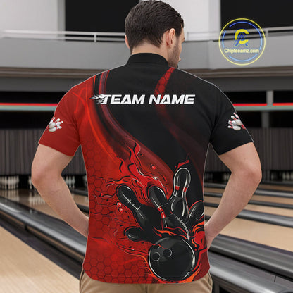 Custom Black And Red Flame Bowling Quarter-Zip Shirt For Men, Bowling Team League Shirt IPHW9872
