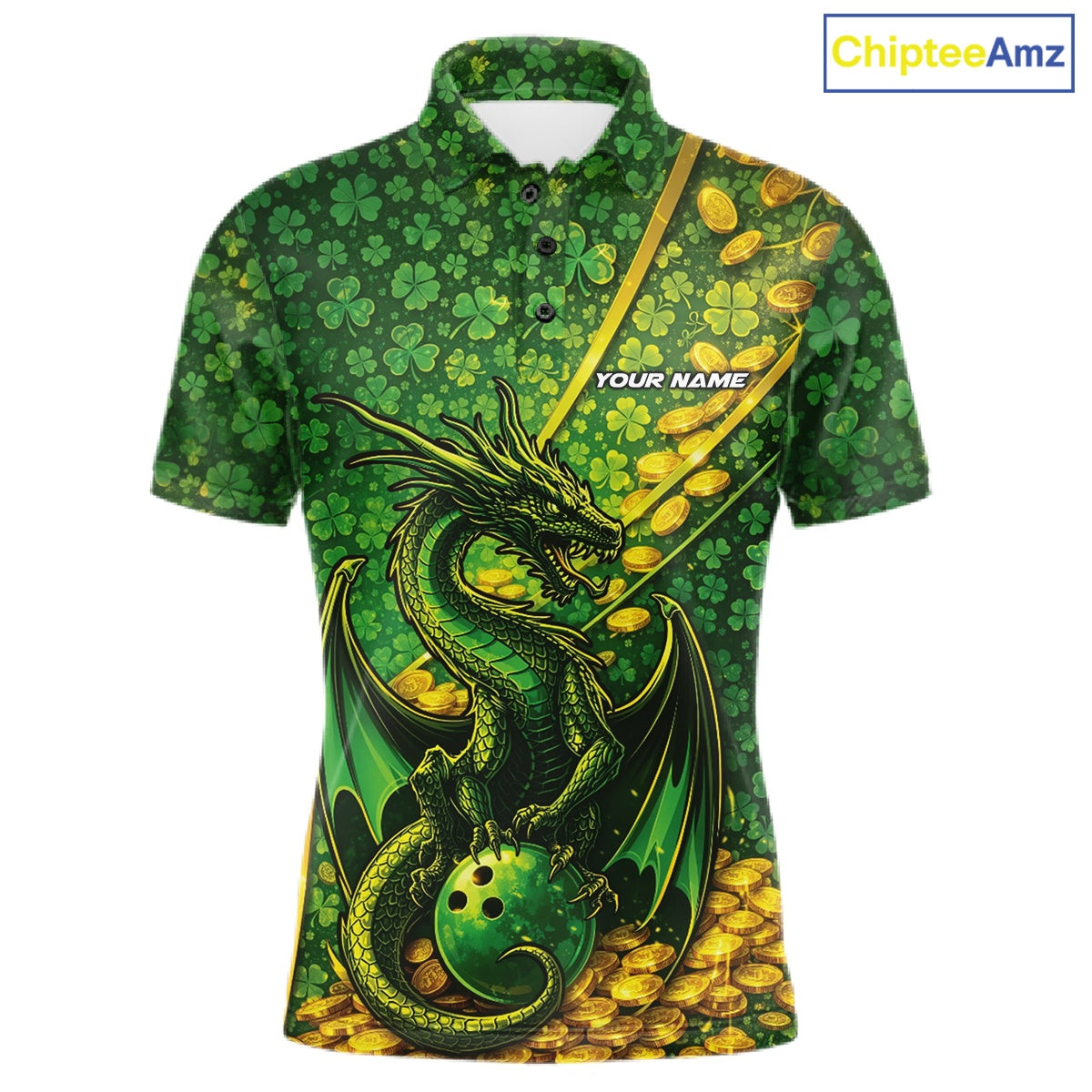 Custom St Patricks Day Dragon Bowling Shirt, Golden Coins And Shamrock Saint Paddy Bowling League Shirt IPHW10506