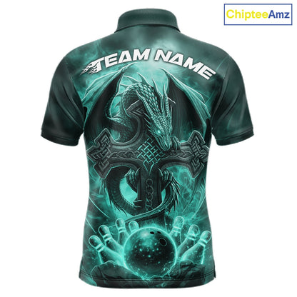 Custom Turquoise Blue Flame Celtic Cross Dragon Bowling Team Shirts, Faith Bowling Tournament Shirts IPHW10509