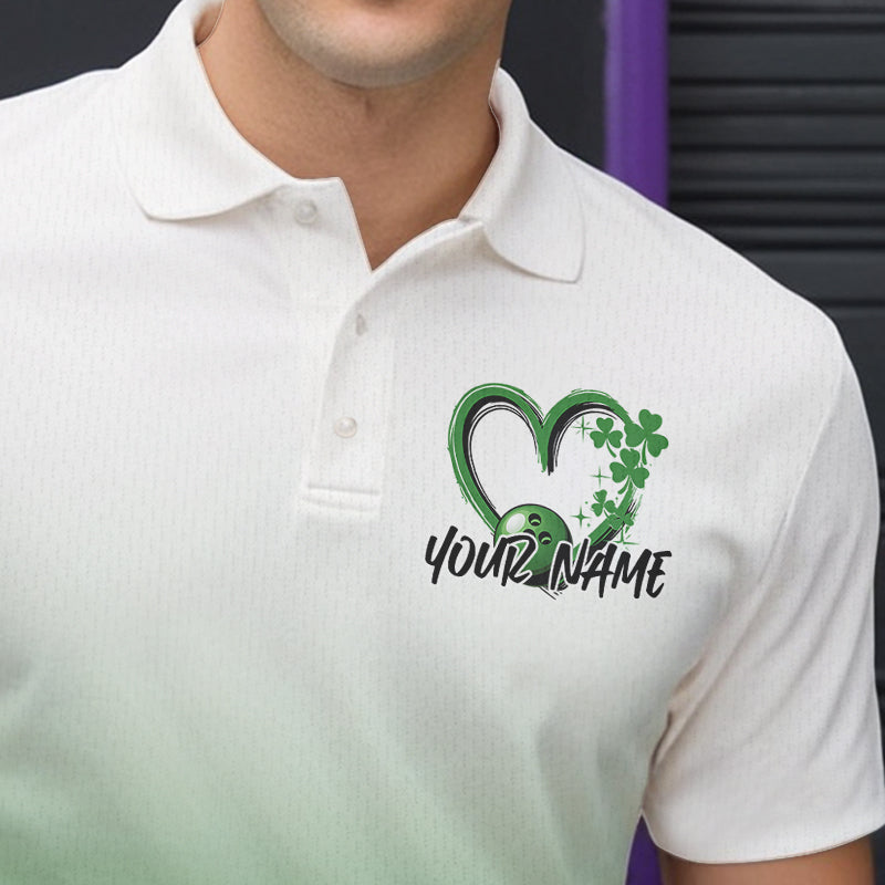 Custom Heart St Patricks Day Bowling Polo Shirts For Men, Lucky Shamprock Bowling Team Shirt IPHW8601