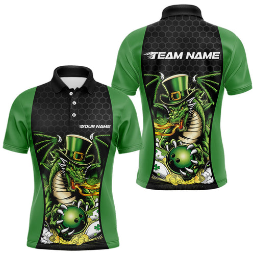 Custom Black And Green St Patricks Dragon Bowling Polo Shirts For Men, Lucky Dragon Bowling IPHW8608