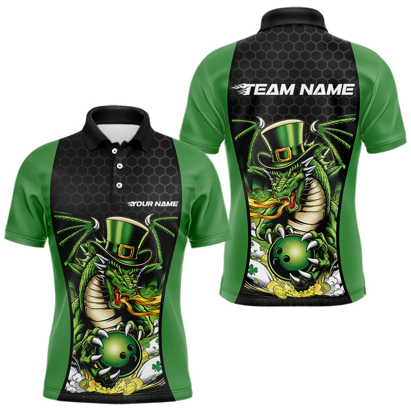 Custom Black And Green St Patricks Dragon Bowling Polo Shirts For Men, Lucky Dragon Bowling IPHW8608