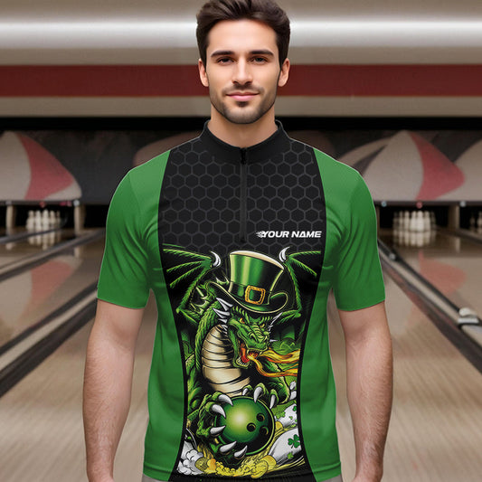 Custom Black And Green St Patricks Dragon Bowling Quarter-Zip Shirts For Men, Lucky Dragon Bowling IPHW8608