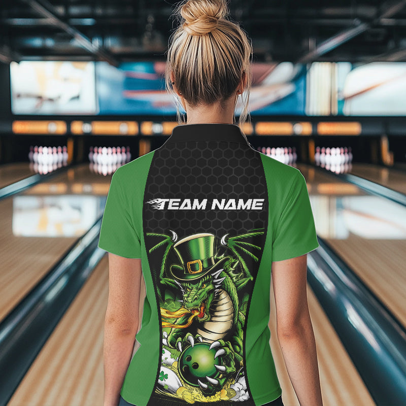 Custom Green St Patricks Dragon Bowling Womens Quarter-Zip Shirts, Lucky Dragon Bowling IPHW8608