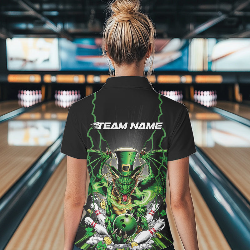 Custom Black And Green St Patricks Dragon Bowling Womens Polo Shirt, Lucky Dragon Bowling IPHW8609