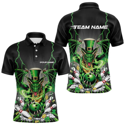 Custom Black And Green St Patricks Dragon Bowling Polo Shirts For Men, Lucky Dragon Bowling IPHW8609