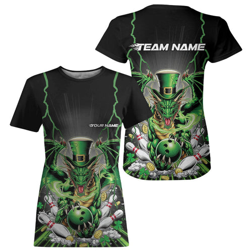 Custom Green St Patricks Dragon Bowling T-Shirts For Women, Lucky Dragon Bowling IPHW8609