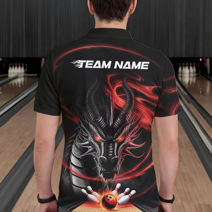 Custom Black And Red Flame Dragon Bowling Team Men Polo Shirts, Bowling League Shirt IPHW8911