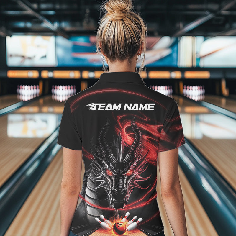 Custom Black And Red Flame Dragon Bowling Team Women Polo Shirts, Bowling League Shirt IPHW8911