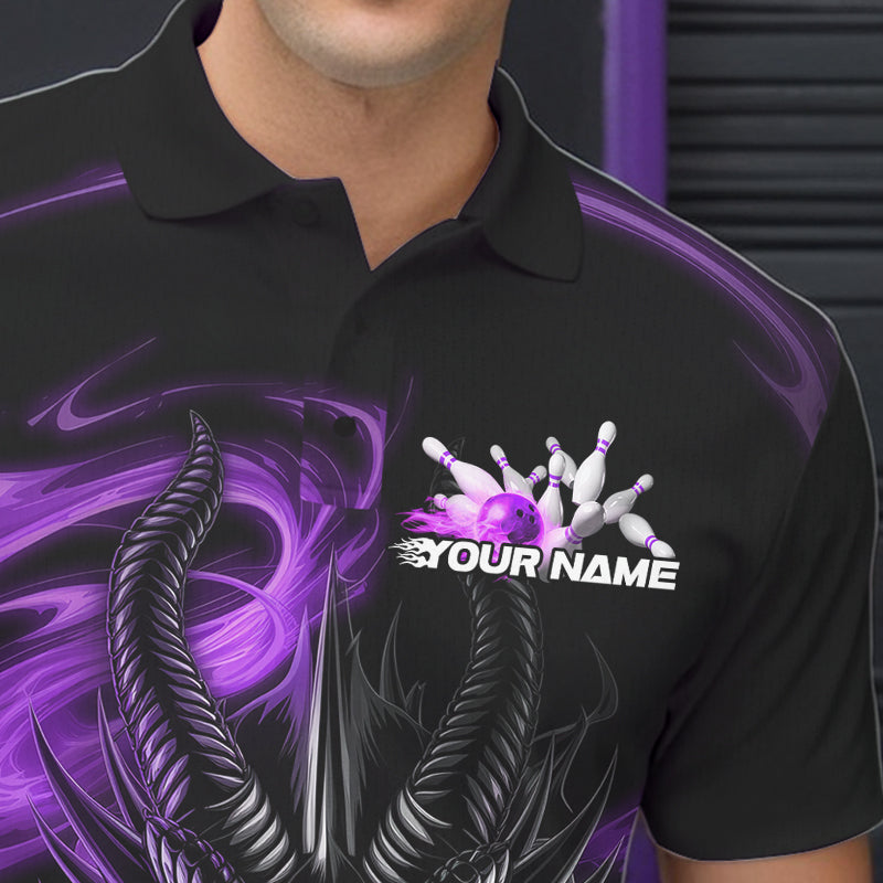 Custom Black And Purple Flame Dragon Bowling Team Men Polo Shirts, Bowling League Shirt IPHW8912