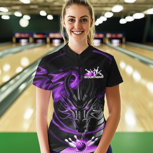 Custom Black And Purple Flame Dragon Bowling Women Quarter-Zip Shirts, Bowling League Shirt IPHW8912