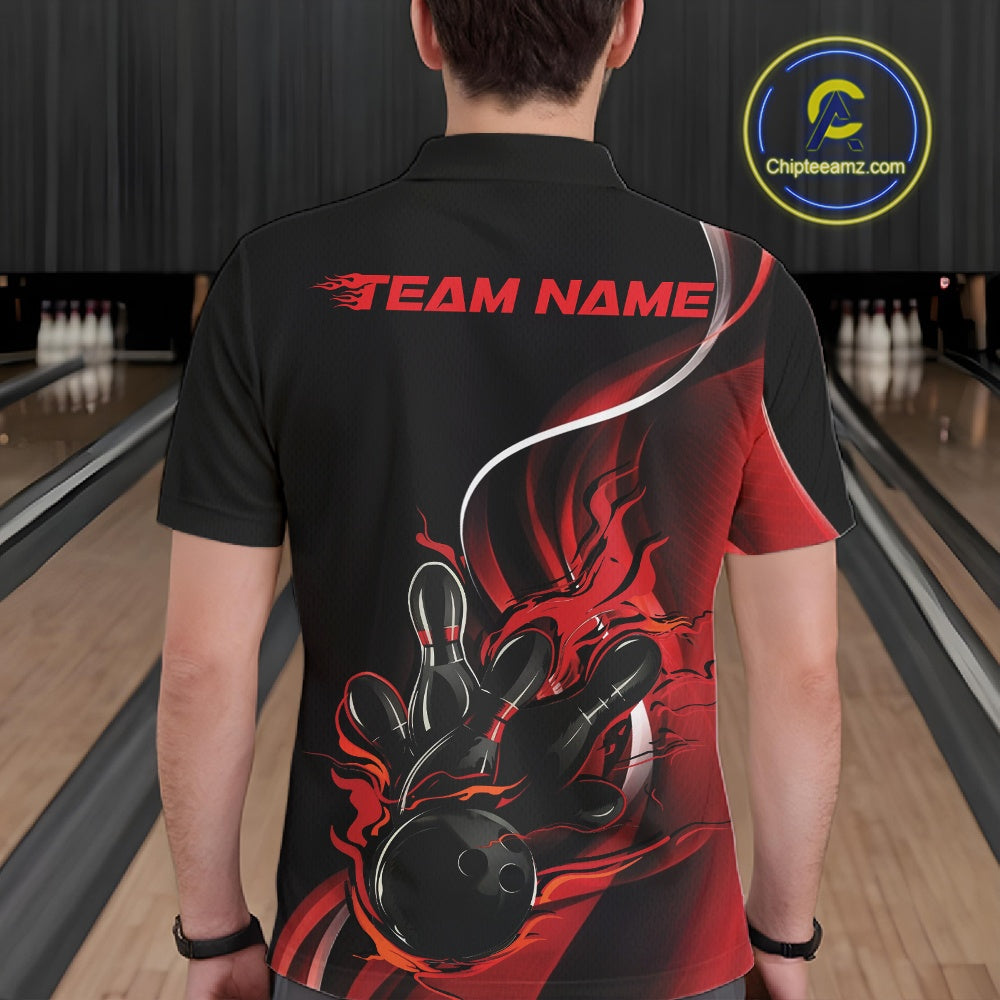 Male model seen from the back in a bowling lane wearing a black and red polo shirt featuring a flame bowling ball striking pins in a dynamic sports illustration.