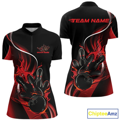 Womens quarter zip bowling shirt mockup, black and red version showcasing fiery bowling ball knocking down pins bold illustration