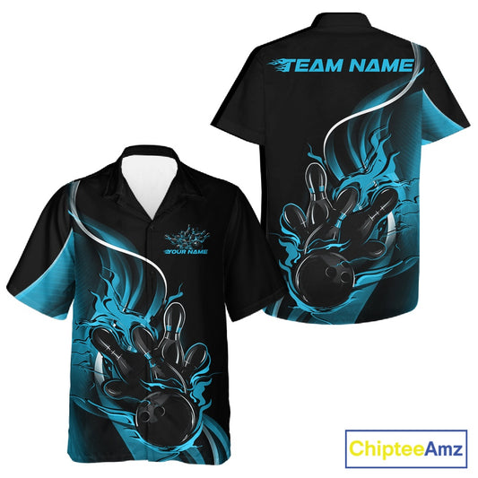 Front and back view of a black and blue button-up bowling shirt mockup featuring flame bowling ball and pins design with energetic sports visuals.