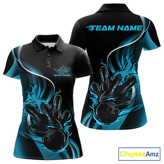 Front and back mockup of women’s black and blue polo shirt featuring flame bowling ball striking pins in clean, modern sports apparel styling.