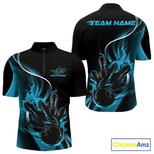 Mens quarter zip bowling shirt mockup, black and blue version featuring flaming bowling ball striking pins dynamic artwork