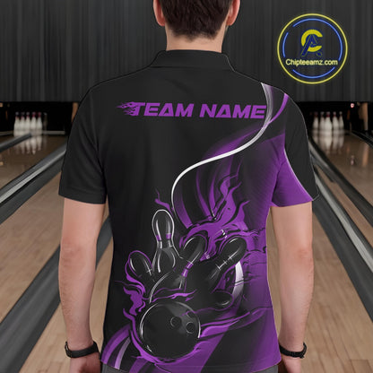 Male model seen from the back in a bowling lane wearing a black and purple polo shirt featuring a flame bowling ball striking pins in an energetic motion design.